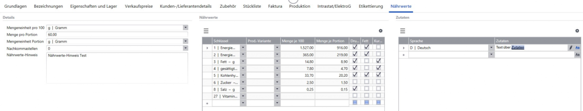 Stammdaten zu den Nährwerten je Artikel in Sage 100 erfassen