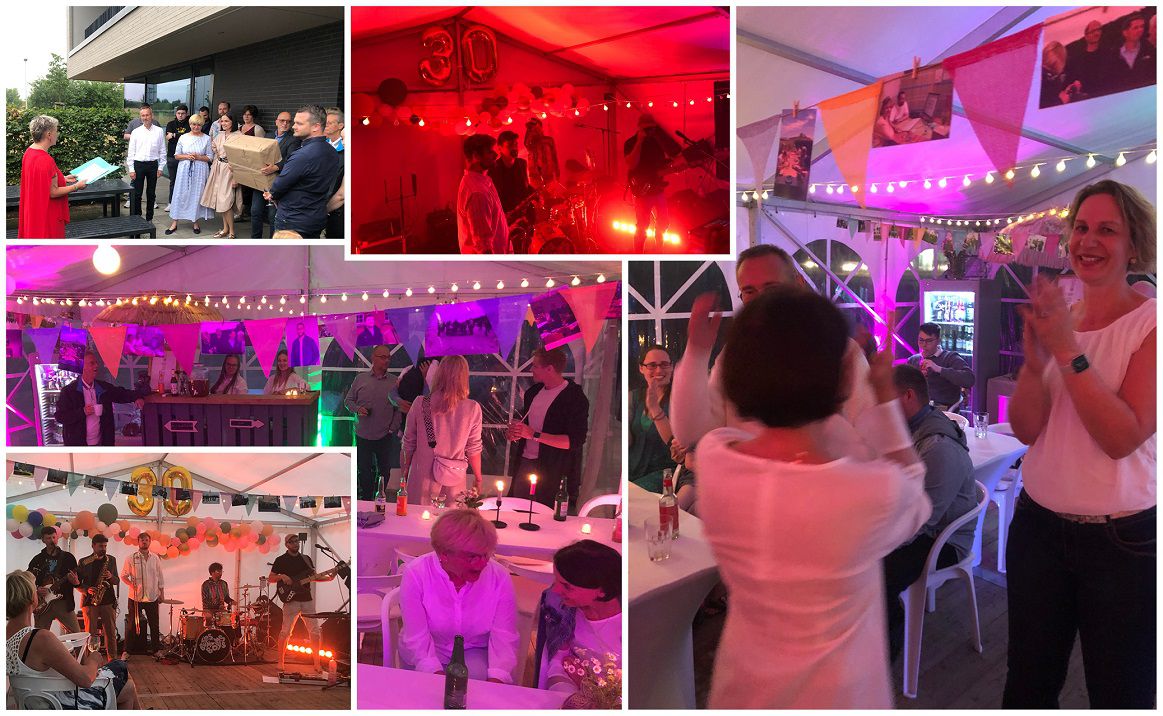 Fotocollage zum 30. Firmenjubiläum von abacus im Partyzelt mit Band