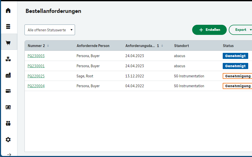 Eingabemaske von SDMO mit Status zu Bestellanforderungen