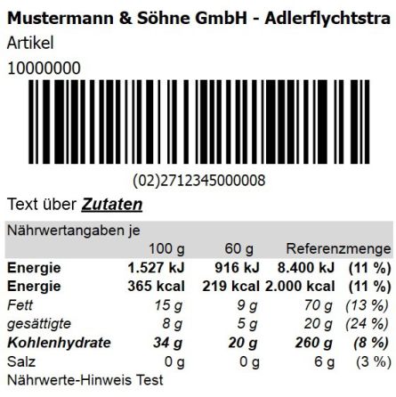 gedrucktes Artikeletikett mit Nährwerten 