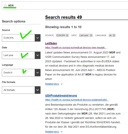 Webseite EU Commission Suchergebnis Medizinprodukte search Medical Devices